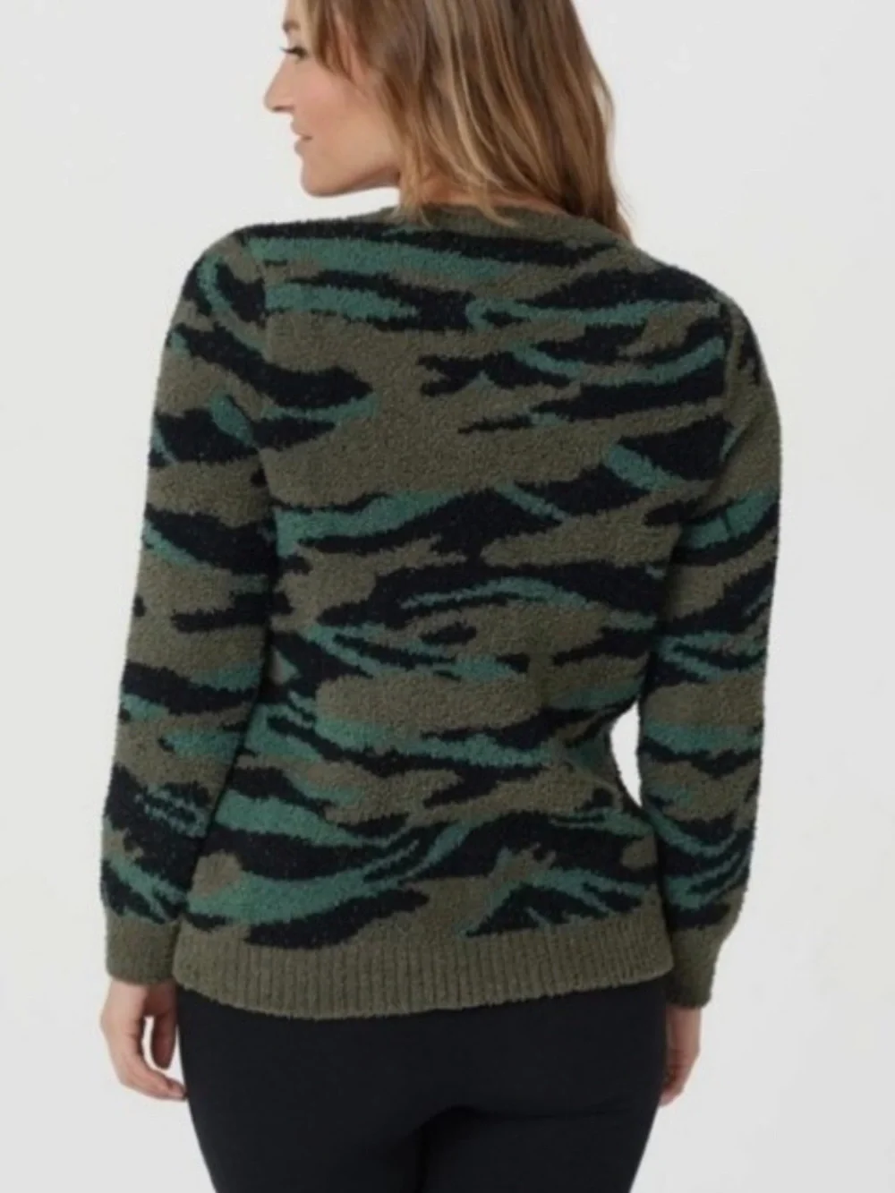 Barefoot Dreams CozyChic Seaside Green and Black Camo Crewneck Sweater